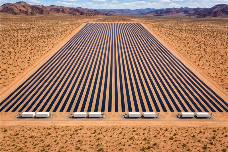 GIGABLOCK solar array with battery storage in desert landscape